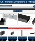 12FT Handrail dimensions of Heavy Duty Matte Black Stainless Steel Cable Railing Handrail Kit With Pom Connectors for decks and stairs.