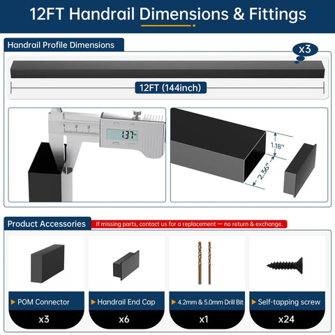 12FT Handrail dimensions of Heavy Duty Matte Black Stainless Steel Cable Railing Handrail Kit With Pom Connectors for decks and stairs.