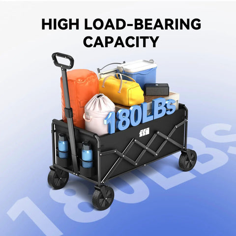 Collapsible Folding Wagon With 180lb Capacity Lightweight Utility Cart loaded with gear, ergonomic handle, rugged wheels