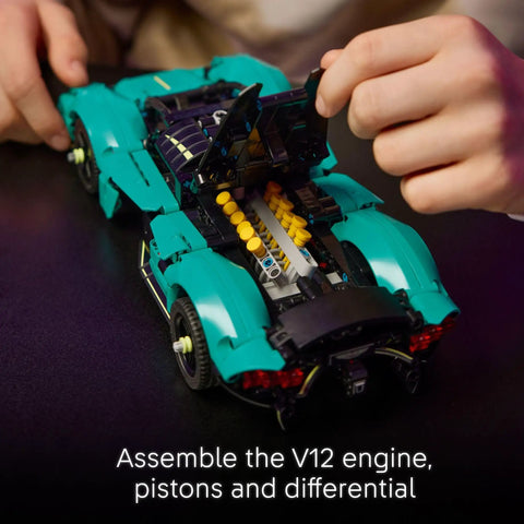Hands assembling Aston Martin Valkyrie Dope Building Kit For Kids 9 Plus with realistic engine and working gears STEM toy car