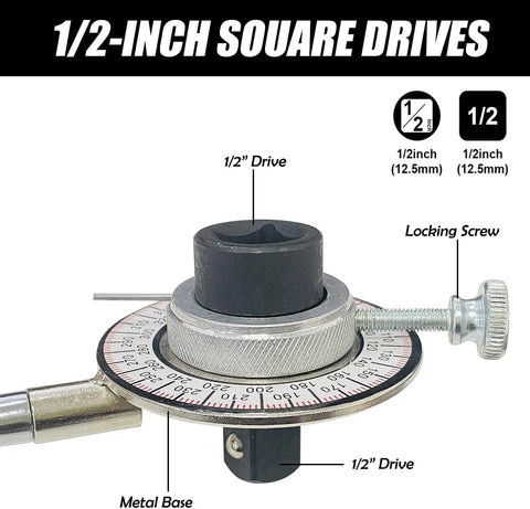 Torque Angle Gauge 1/2 Inch Drive With Flexible Clip Arm, 360 Degree Torque Wrench Angle Meter For Tightening Bolts In Hard To Reach Spots, 0-360° scale, metal base