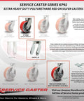 Badass Kingpinless Swivel Caster With 8 Inch Red Polyurethane Wheel On Cast Iron Plate Featuring Bolt On Swivel Lock And Brake Rated For Two Thousand Five Hundred Pounds For Heavy Duty Cranes And Gantries - product diagram and specifications.