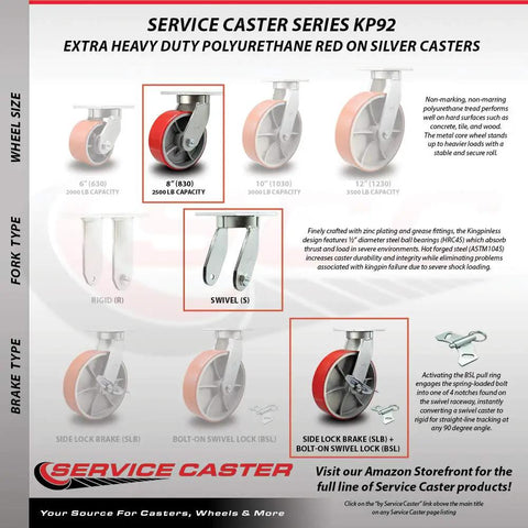 Badass Kingpinless Swivel Caster With 8 Inch Red Polyurethane Wheel On Cast Iron Plate Featuring Bolt On Swivel Lock And Brake Rated For Two Thousand Five Hundred Pounds For Heavy Duty Cranes And Gantries - product diagram and specifications.
