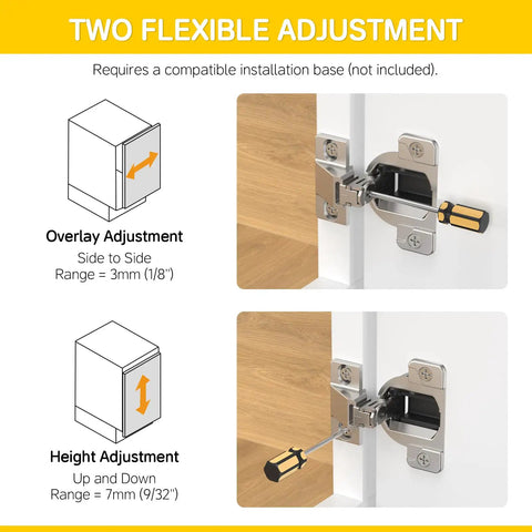 Illustration of 2 Pack Easy Swap Replacement Cups for 110 Degree Compact 33 Screw On Hinges self-closing adjustments.