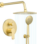 Gabrylly Gold Shower Head System front view with 10-inch rain head and 5-setting handheld spray, brushed gold
