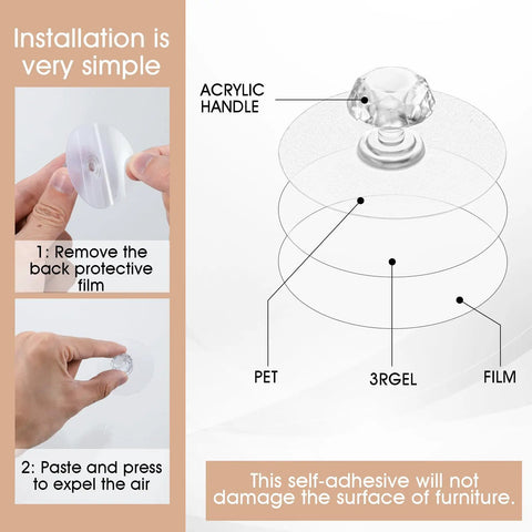 Installation of 4 Pack Self Adhesive Cabinet Drawer Knob Set Clear Acrylic Crystal Handles No Drilling Easy For Kitchen Upgrade