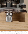 Close-up of Heavy Duty 3 Piece Bowl And Tray Router Bit Set Featuring Solid Carbide Heads And One Quarter Inch Shafts in use on wood.
