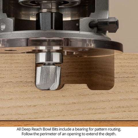 Close-up of Heavy Duty 3 Piece Bowl And Tray Router Bit Set Featuring Solid Carbide Heads And One Quarter Inch Shafts in use on wood.