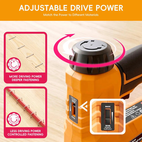 Adjustable drive power setting on Badass Three In One Cordless Staple Gun And Brad Nailer for carpentry projects.