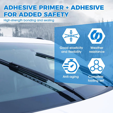 Polyurethane Windshield Adhesive and Primer Kit for Quick Curing Weather Resistant Bonding on Vertical and Overhead Auto Glass High Strength Car Window Sealant for Repairs and Secure Installations shown with features list on car windshield.