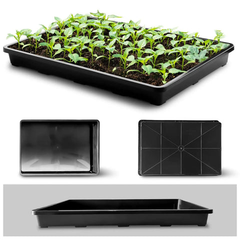 Five Pack Nursery Plant Trays For Potting And Seed Starting Heavy Duty Drainage Water Catcher Trays Large 17.3 By 11.8 Inches Without Holes Black For All Planting Needs, showing seedlings in black tray, top and side views.