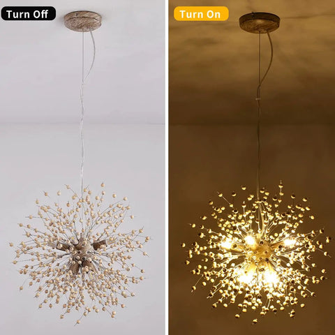 Boho Dandelion Wooden Beads Chandelier With Eight Lights Dope Modern Firework Pendant Ceiling Light Adjustable Height On Off