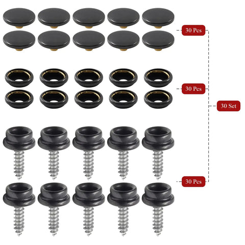 Stainless Steel Boat Snap Kit With 30 Sockets, 30 Covers And 30 Snap Buttons, Five Eighth Inch Screws And Three Eighth Inch Socket, Black Finish
