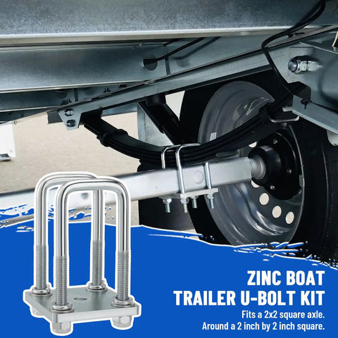 Square U Bolt Kit For Trailer Leaf Springs And Boat Trailers, Heavy Duty Zinc Coated U Bolts For 2x2 Axle, displayed on axle