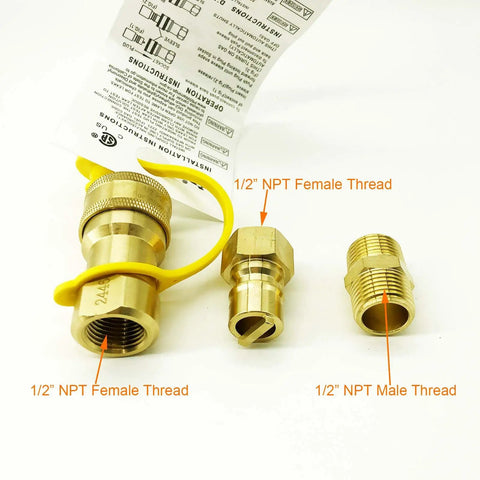Solid Brass Half Inch Gas Quick Connect Kit With Female Insert Plug And Half Inch Male NPT Fittings