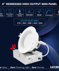 4 Inch LED Recessed Ceiling Light With Junction Box 15W 5 CCT Selectable 2700K 3000K 3500K 4000K 5000K Cranking 1300 Lumens Dimmable Canless Downlight Wet Rated IC Rated ETL Pack Of 4 on display showing dimmable features and junction box.