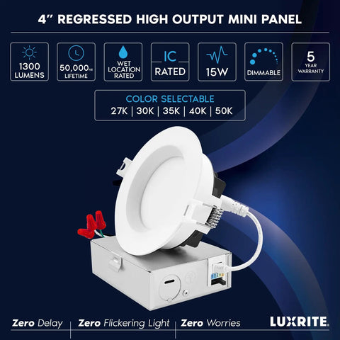 4 Inch LED Recessed Ceiling Light With Junction Box 15W 5 CCT Selectable 2700K 3000K 3500K 4000K 5000K Cranking 1300 Lumens Dimmable Canless Downlight Wet Rated IC Rated ETL Pack Of 4 on display showing dimmable features and junction box.