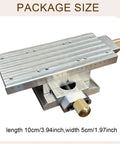 Built Serious Adjustable Cross Slide Platform With Manual Hand Crank For Deadon Xy Axis Alignment and Smooth Precision Mounting In Compact Workshop Spaces, showing package size of 10x5 cm, aluminum body, and precision knobs.