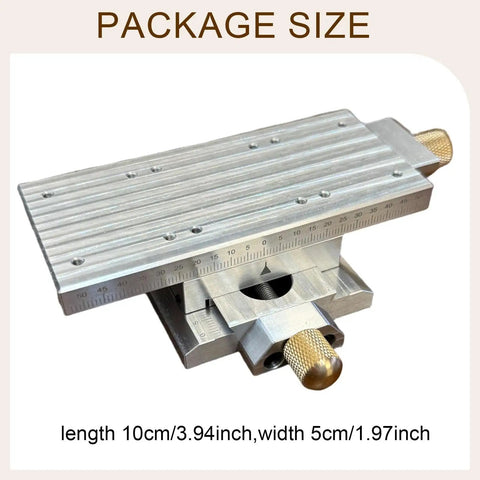 Built Serious Adjustable Cross Slide Platform With Manual Hand Crank For Deadon Xy Axis Alignment and Smooth Precision Mounting In Compact Workshop Spaces, showing package size of 10x5 cm, aluminum body, and precision knobs.