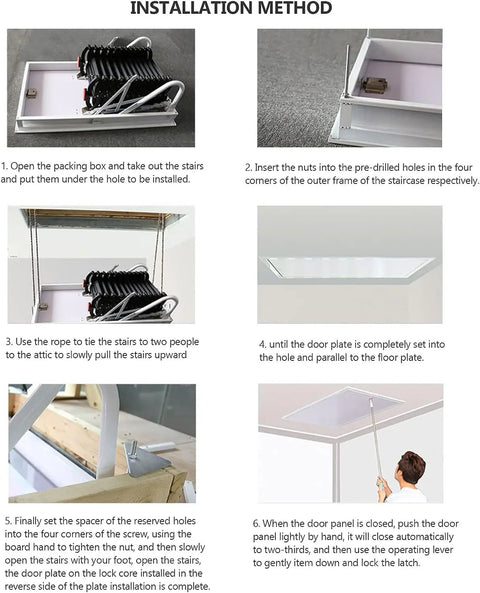 Installation method steps for Heavy Duty Electric Remote Control Attic Ladder Crafted From Slick Titanium Magnesium Alloy.