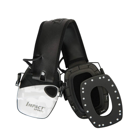 Impact Sport Electronic Shooting Earmuff With Sound Amplification In Multicam Alpine showing ear cup detail and headband