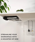 Rock Solid Vesa Mount Bracket For HP Desktop Mini Prodesk And EliteDesk Rigs mounted under desk with wiring neatly arranged.