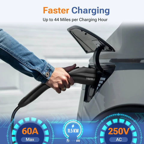 Heavy Duty Nacs To J1772 Electric Vehicle Charging Adapter For Tesla 60A 250V Juice Solid Level One And Two Wall Socket Converter with locked safety catch in use.