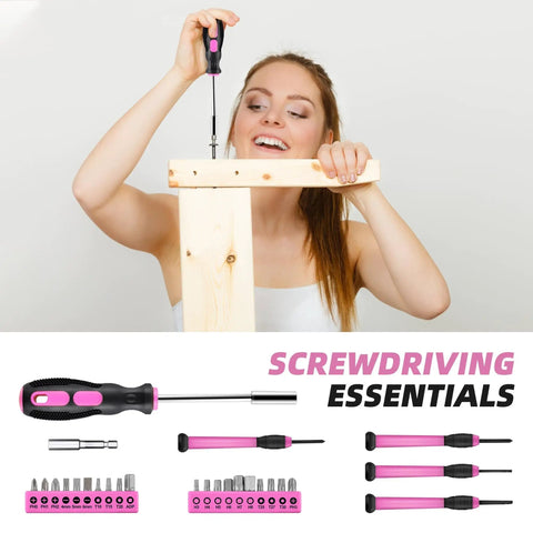 Pink 40 Piece Home Tool Kit With Carrying Box Handy Starter Kit for DIY Home Maintenance and Woodworking Ideal for College Students
