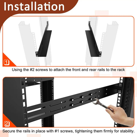 Installation process showing 1U Universal Rack Mount Rails Four Post Server Telescoping Slides with screws securing in place.