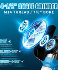 Cordless Brushless Angle Grinder Kit 21V 12000 RPM With 4.5 To 5 Inch Grinding Discs, showing M14 thread detail