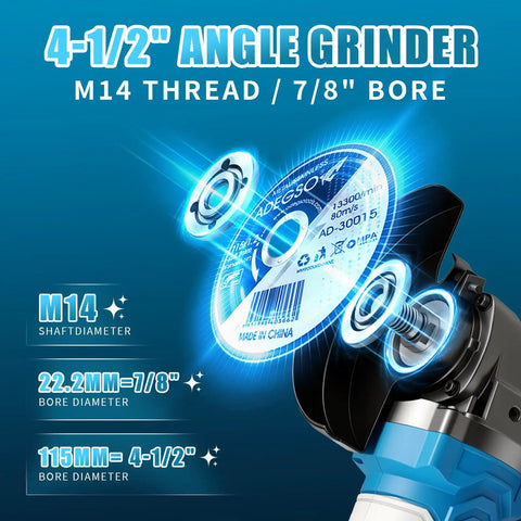 Cordless Brushless Angle Grinder Kit 21V 12000 RPM With 4.5 To 5 Inch Grinding Discs, showing M14 thread detail
