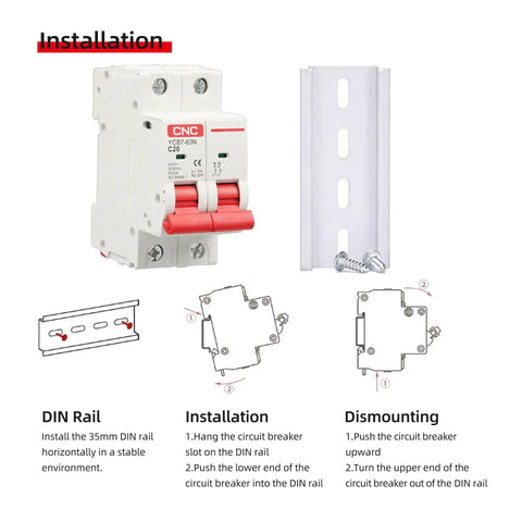 16 Amp 2 Pole AC Circuit Breaker DIN Rail Mount With Thermal Magnetic Trip, 400V AC Disconnect Switch MCB For Overload And Short Circuit Protection, Includes 35mm DIN Rail, Sleeve, And Screws. installation image with breaker, DIN rail, and mounting steps
