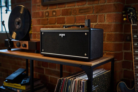 Powerful Wireless Desktop Amplifier For Guitar And Bass With Dual Five Inch Speakers Delivers Rich Stereo Tone on shelf
