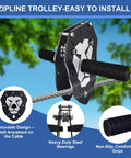 160Ft Backyard Zip Line Kit For Kids And Adults Up To 360 Lbs With Removable Trolley shown on cable with installation details