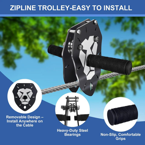 160Ft Backyard Zip Line Kit For Kids And Adults Up To 360 Lbs With Removable Trolley shown on cable with installation details