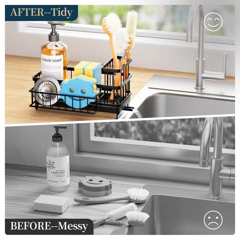 Auto Draining Sponge Holder For Kitchen Sink With Detachable Rack And High Brush Holder, organized vs messy countertop view