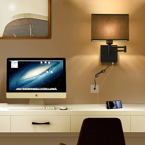 Swing Arm Wall Lamp With Dimmer And USB Port Wall Sconce Black Fabric Shade For Bedroom Living Room And Nurse Room Creates Cozy Mystical Atmosphere With Plug In Cord in modern home office.