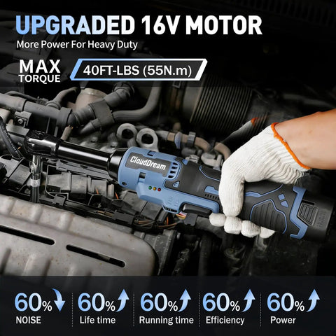 Cordless Electric Ratchet Wrench Three Eighths Inch 16V Power Tool, 40 Ft-Lbs Max Torque used in auto engine repair.