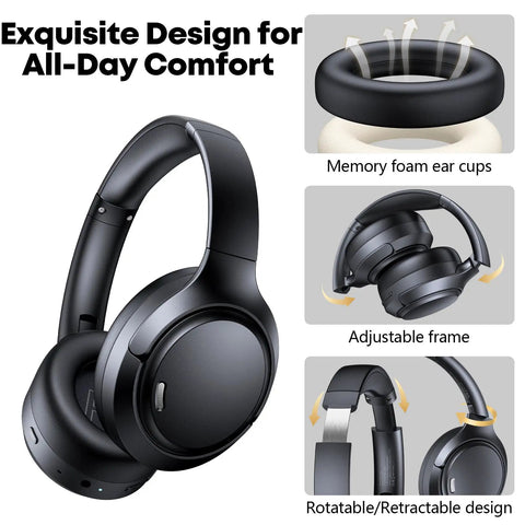Long Battery Life Wireless Headphones With Active Noise Cancelling, 120 Hour Playtime, adjustable frame and memory foam earcups
