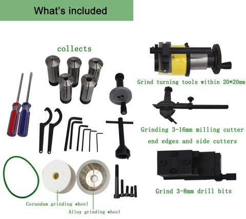 Beefy 5C Benchtop Cutter Grinder And Tool Sharpener For End Mills Drill Bits lathe tools components including collets and grinding wheels.