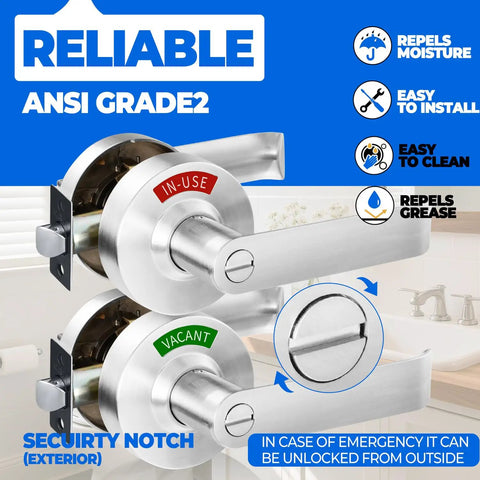 Twin Pack Bathroom Privacy Lever Lock With Large Vacant Or In Use Indicator, brushed nickel, ANSI Grade 2, for restrooms.