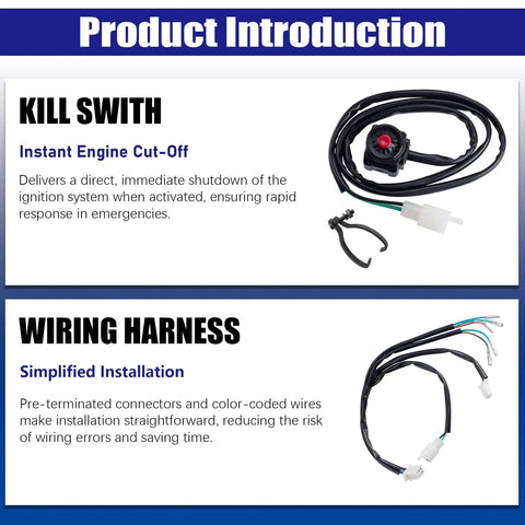Complete Wiring Harness Kit With Kill Switch Ignition Coil CDI Box Spark Plug Rebuild For Kick Start Dirt Bike ATV Go Kart 50cc To 160cc 4 Stroke Buggy showing wiring harness and kill switch components