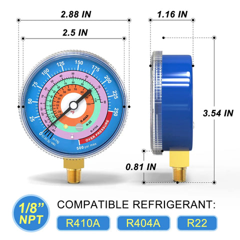 Refrigeration Pressure Gauge For AC Systems, Pro Grade 1/8 Inch NPT, side and front view, R410A R404A R22 compatible, blue face