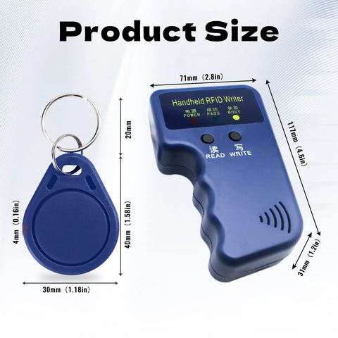 Portable RFID Writer And Card Duplicator For 125KHz Smart ID Access Control And Handheld Copier Rewriter With 10 Blank Writable T5577 Keychains Included Easy To Use On The Go, showing device and keychain dimensions.