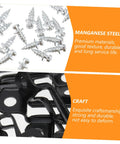 Close-up of Manganese Steel fasteners and matte black furniture connectors for 50 Pack Tough As Nails Furniture Connectors.