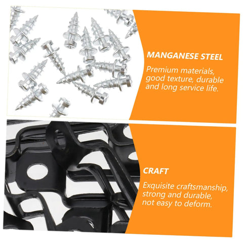 Close-up of Manganese Steel fasteners and matte black furniture connectors for 50 Pack Tough As Nails Furniture Connectors.