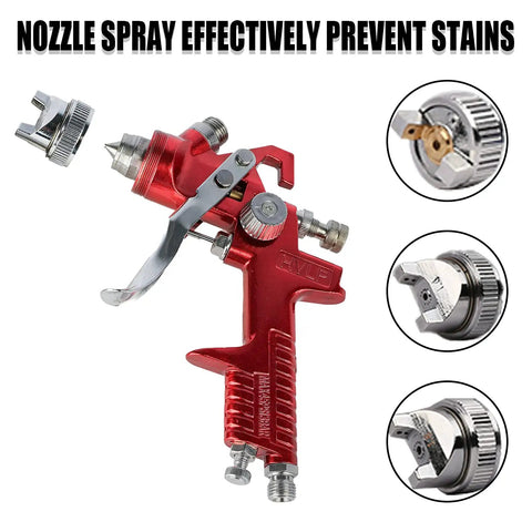 HVLP Air Spray Gun Set For Pro Grade Finishes With Gravity Feed, 9 Piece Paint Sprayer Kit and nozzle details displayed