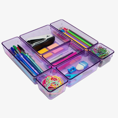 Modular Drawer Organizer Set With 7 Bins In 4 Sizes For Office, Home, Makeup, Kitchen And Junk Drawers, Clear Purple Plastic Storage Trays