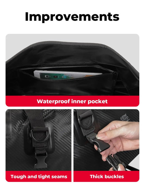 Waterproof Motorcycle Dry Bag Tail Pack Duffle Luggage 25L 40L 65L inner pocket and quick release strap details