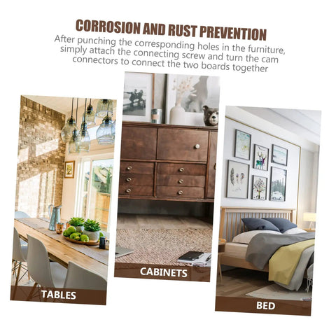 Heavy Duty Eccentric Cabinet Connectors And Screw In Dowel Pins Dead Nuts Secure To Lock Furniture Down Straight Up Reliably Gets The Job Done With Zero Hassle Setup displayed with tables, cabinets, and beds.